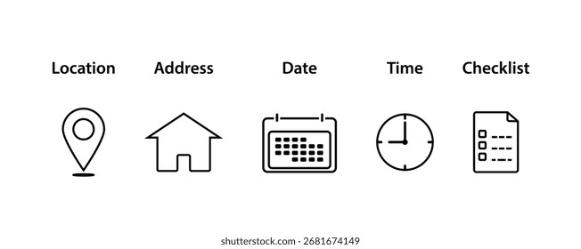 Conjunto de iconos de planificación de eventos. Iconos de horario y Locación. Locación, Dirección, Fecha, Hora, Símbolos de lista de verificación. Iconos de información de eventos mínimos. EPS10.