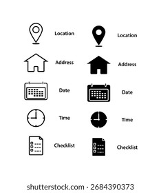 Event Planning Icons Set. Schedule and Location Icons. Location, Address, Date, Time, Checklist Symbols.Minimal Event Info Icons. EPS10.