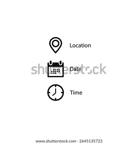 Event Planning Icons Set. Schedule and Location Icons. Date, Time Place Symbols.Minimal Event Info Icons