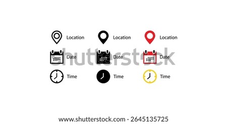 Event Planning Icons Set. Schedule and Location Icons. Date, Time Place Symbols.Minimal Event Info Icons