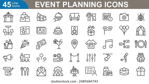 Event planning icons set vector illustration. decoration, schedule, budget, venue, guest, invite, speaker, photography and more. 