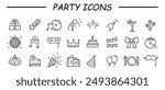 Event planning icons. Simple set of party related vector line Icons. Contains such Icons as bouquet of flowers, karaoke, dj, masquerade and more.