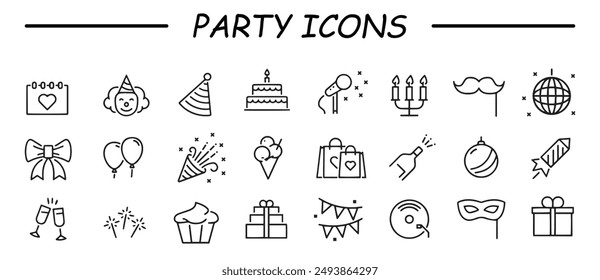 Event planning icons. Simple set of party related vector line Icons. Contains such Icons as bouquet of flowers, karaoke, dj, masquerade and more.