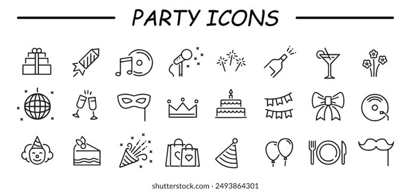 Iconos de planificación de eventos. Conjunto simple de iconos de línea de Vector relacionados con la parte. Contiene tales iconos como ramo de flores, karaoke, dj, mascarada y más.