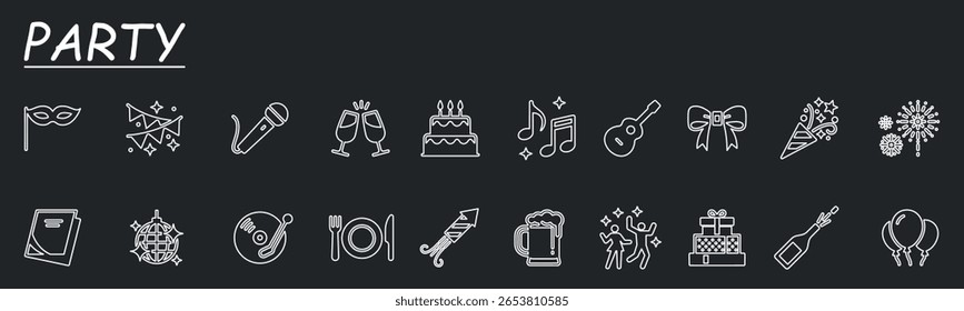 Ícones de planejamento de eventos. Conjunto simples de ícones de linha de vetor relacionados ao participante. Contém tais ícones como buquê de flores, karaoke, dj, mascarada e muito mais.