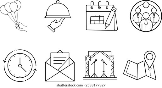 Event Planning Icons Stage, Guests, Location, Invitation