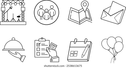 Event Planning Icons: Stage, Guests, Location, Invitation