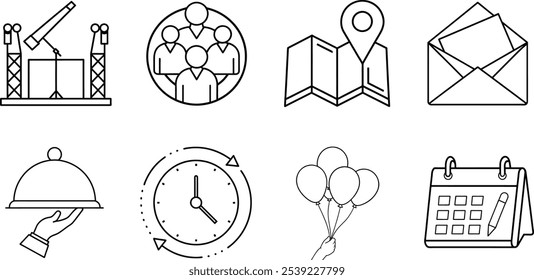 Event Planning Icons: Stage, Guests, Location, RSVP