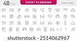 Event planning line icon collection. Wedding, entertainment, invitations, organization, management, decorations, venue, event planner, and coordination icon set. UI outline icon pack