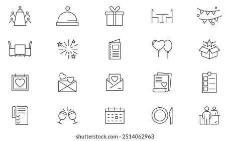 Event planning line icon collection. Wedding, entertainment, invitations, organization, management, decorations, venue, event planner, and coordination icon set. UI outline icon pack