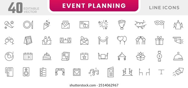 Event planning line icon collection. Wedding, entertainment, invitations, organization, management, decorations, venue, event planner, and coordination icon set. UI outline icon pack