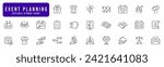 Event planning line icon set. Planning, decoration, venue, catering, timeline, music, guest etc. Editable stroke