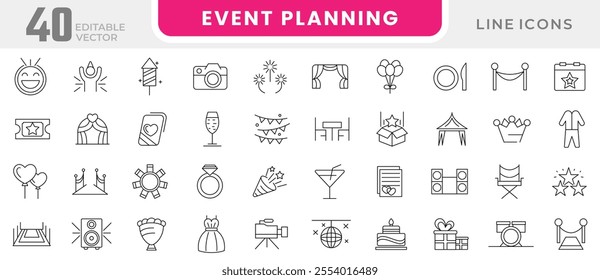 Event planning line icon set. Containing decorations, venue, event planning, registration, entertainment, catering, invitations, coordination, wedding, entertainment, line icon set. UI thin line icon 