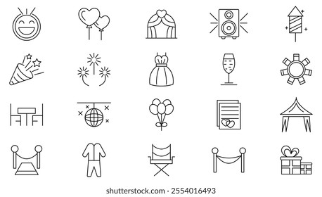 Event planning line icon set. Containing decorations, venue, event planning, registration, entertainment, catering, invitations, coordination, wedding, entertainment, line icon set. UI thin line icon 