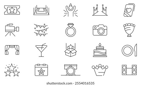 Event planning line icon set. Containing decorations, venue, event planning, registration, entertainment, catering, invitations, coordination, wedding, entertainment, line icon set. UI thin line icon 