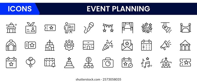 Event planning line icon set. Planning, decoration, venue, catering, timeline, music, guest etc.