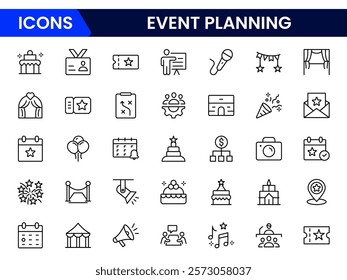 Event planning line icon set. Planning, decoration, venue, catering, timeline, music, guest etc.