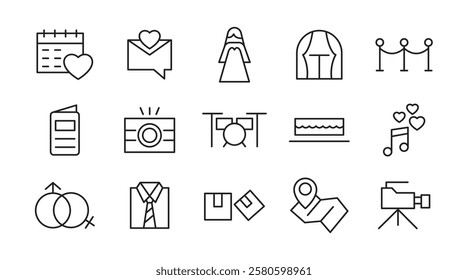 Event Planning line icon set. Containing date, schedule, management, catering, registration, wedding, coordination, invitation, birthday cake, buffet line icon set. UI thin line icon pack.