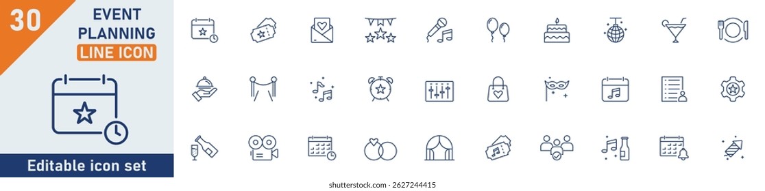 Event planning line icon set. Set of 30 outline icons related to party, birthday, event, catering, invitations, calendar, entertainment, wedding and others. Editable stroke. Vector illustration.
