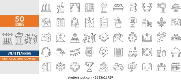 Event Planning Line Icon Set – Vector Outline Collection of Venue, Decorations, Catering, Invitations, Entertainment and Coordination Symbols