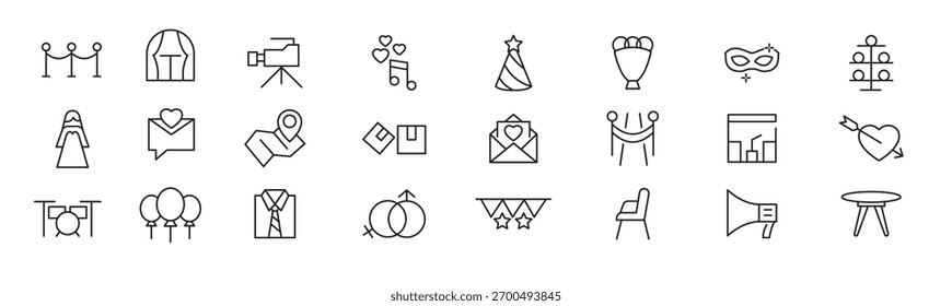 EVENT Planning line icon set. Containing date, schedule, management, catering, registration, wedding, coordination, invitation, birthday cake, buffet line icon set. UI thin line icon pack.