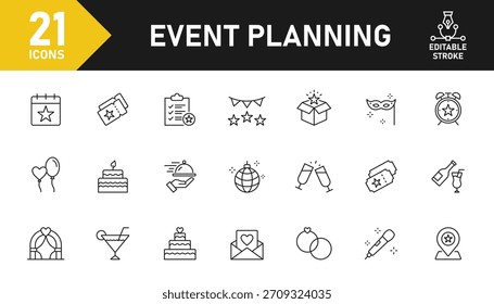 Conjunto de iconos de línea de planificación de eventos. Conjunto de 21 iconos de esquema relacionados con la planificación de eventos, organización de eventos, fiesta, invitación, cumpleaños, calendario, boda y otros. Trazo editable. Ilustración vectorial.