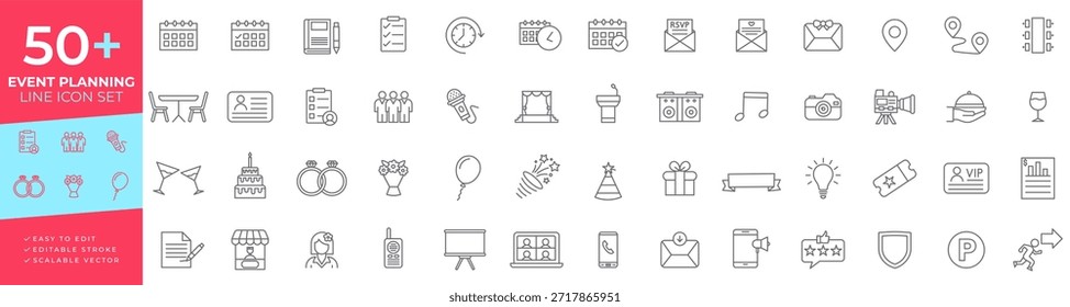 Conjunto de iconos de línea de planificación de eventos para organizar fiestas, bodas, citas y celebraciones festivas, con calendario, escenario, invitaciones, servicio de comida, regalo, micrófono y símbolos de acceso VIP.
