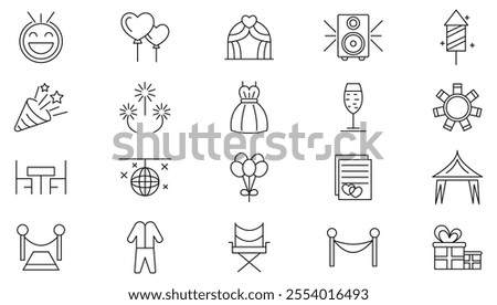 Event planning line icon set. Containing decorations, venue, event planning, registration, entertainment, catering, invitations, coordination, wedding, entertainment, line icon set. UI thin line icon 