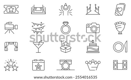 Event planning line icon set. Containing decorations, venue, event planning, registration, entertainment, catering, invitations, coordination, wedding, entertainment, line icon set. UI thin line icon 