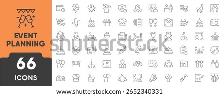 Event Planning Line Icon Set. Set of 66 outline icons including calendar, checklist, invitation, venue, decoration, catering, and schedule. Editable stroke. Linear vector illustration.