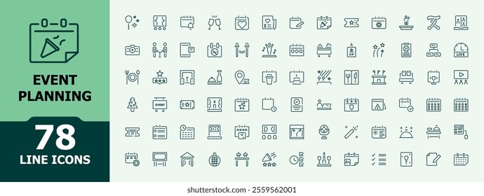 Event Planning line icons set. Icon party, ticket, promotion, strategy, happy, web, art, media. Minimal linear icons. Vector illustration.