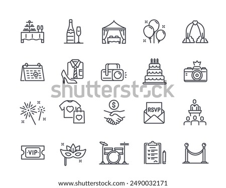 Event planning line icons set. Symbols with party invitation, birthday cake, buffet and ceremonial outfits. Holiday organization. Outline vector illustration collection isolated on white background