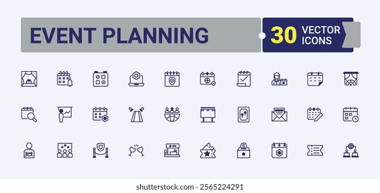 Event Planning linear icon collection. Includes icons for app, happy, social, food, celebration, holiday, corporate and more. Thin outline icons pack. Editable vector outline and solid icons.