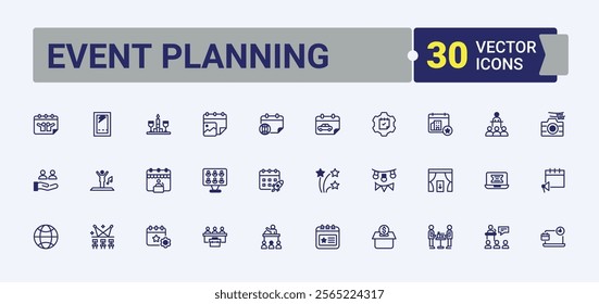 Event Planning linear icon collection. Includes icons for app, happy, social, food, celebration, holiday, corporate and more. Thin outline icons pack. Editable vector outline and solid icons.