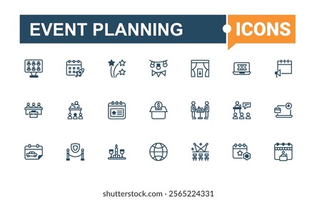 Event Planning lined icons set. Icons festival, conference, registration, party, marketing, day, fun, venue. Web icons. Editable vector outline and solid icons.