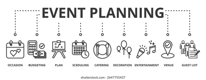 Event planning and management banner concept illustration with keywords and editable thin line vector icons 