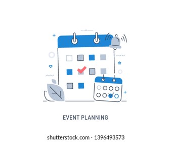 Event planning. Сalendar with event mark and bell reminder. Flat modern line-art vector illustration.