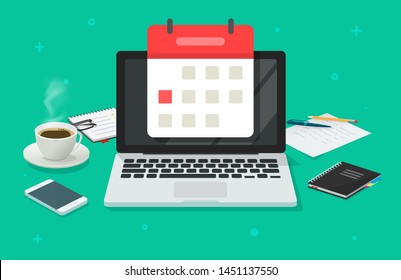 Event planning on calendar date on laptop computer vector illustration, flat cartoon working desk table to organize or manage events, desktop with coffee cup, notepad and laptop  