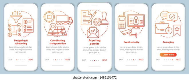 Event planning onboarding mobile app page screen with linear concepts. Budgeting and scheduling, arranging, transportation walkthrough steps graphic instructions. UX, UI, GUI vector template