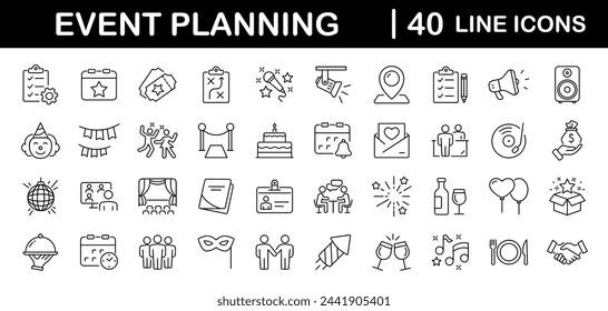 Event planning set of web icons in linear style. Event organisation icons for web and mobile app. Management, wedding, entertainment, catering, invitations, catering, coordination. Vector illustration