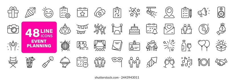 Event planning set of web icons in linear style. Event organisation icons for web and mobile app. Management, wedding, entertainment, catering, invitations, catering, coordination. Vector illustration