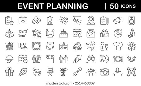 Event planning set of web icons in linear style. Event organisation icons for web and mobile app. Management, wedding, entertainment, catering, invitations, catering, coordination. Vector illustration