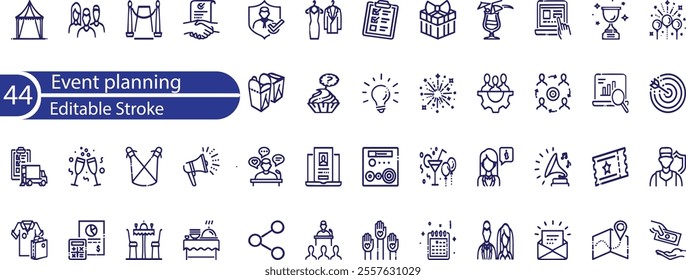 Event planning set of web icons in linear style. Event organization icons for web and mobile app. Management, wedding, entertainment, catering, invitations, catering, coordination.