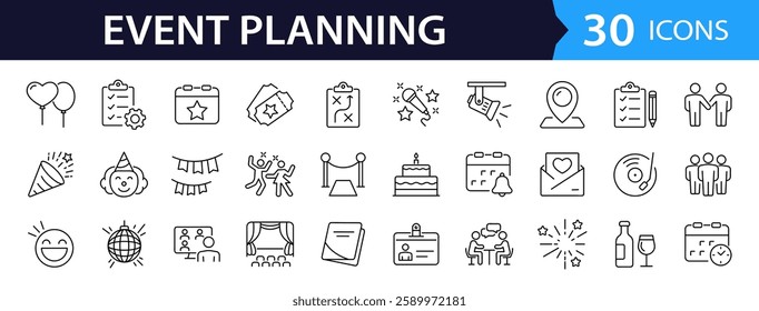 Event planning set of web icons in linear style. Event organisation icons for web and mobile app. Management, wedding, entertainment, catering, invitations, catering, coordination. Vector illustration