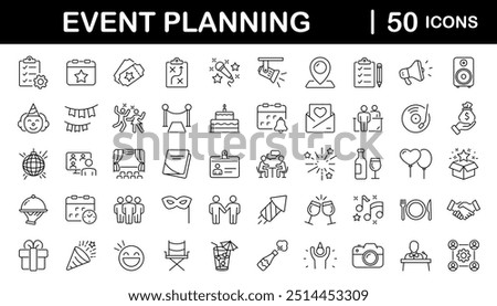 Event planning set of web icons in linear style. Event organisation icons for web and mobile app. Management, wedding, entertainment, catering, invitations, catering, coordination. Vector illustration