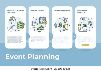 Ilustración vectorial de los elementos de la interfaz de usuario de la aplicación móvil de la página de pasos de planificación de eventos. Opción de diseño de flujo de trabajo de organización de productividad de la línea de tiempo de procesos. Esquema de visualización del planificador de administración