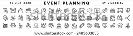 Event planning thin line icon set. Containing party, entertainment, birthday, celebration, wedding, festival, conference, seminar, decoration, calendar, catering, fireworks, organization and more