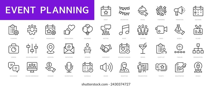 Event planning thin line icons set. Event organization symbols. Vector