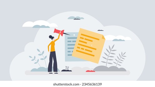 Event planning and time management with sticky notes tiny person concept. Work organization with written task reports for effective project plan vector illustration. Memo list with information notice