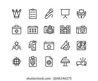 Event Planning Vector Icon Set | Adjustable Line Weight | Microphone, calendar, camera, projector, speaker, badge, spotlight, podium, gear, checklist, idea, decor, presentation icons
